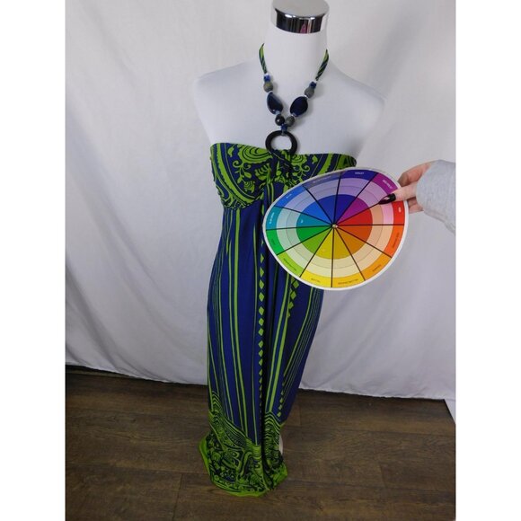 Carole Little Blue Green Halter Maxi Dress 4 - Beaded Neckline - Excellent - Picture 10 of 12